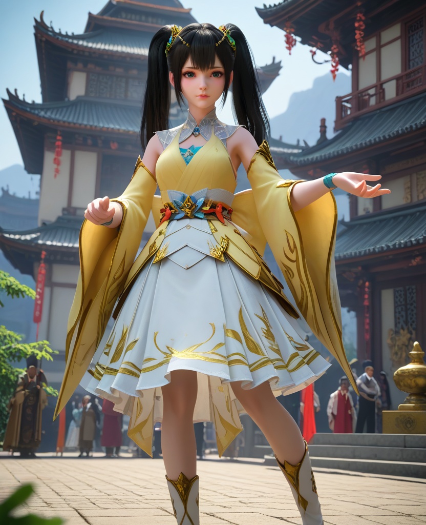 (oriental architecture, elegant decor, sophisticated style:1.1),making sandcastles,(breasts:1.2),<lora:XL16大主宰叶笋儿:0.95>,preteen girl,yellow camisole,green eyes,black hair,twintails,hair ornament,wide flowing sleeves,white pleated skirt,white boots,, zPDXL2, score_9, score_8_up, score_7_up BREAK realistic, masterpiece,best quality, highly detailed,, zPDXL3, zPDXL2,zPDXL, zPDXLxxx, zPDXLrl,
