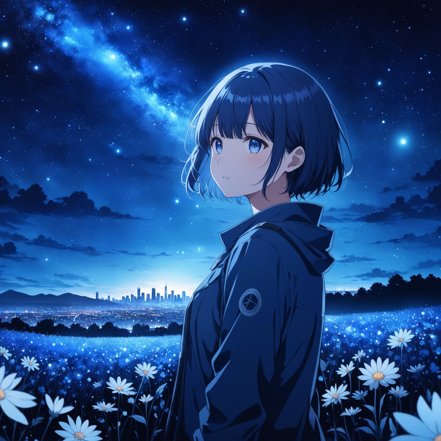 anime girl,  night,  blue light behind her on Tensor.Art