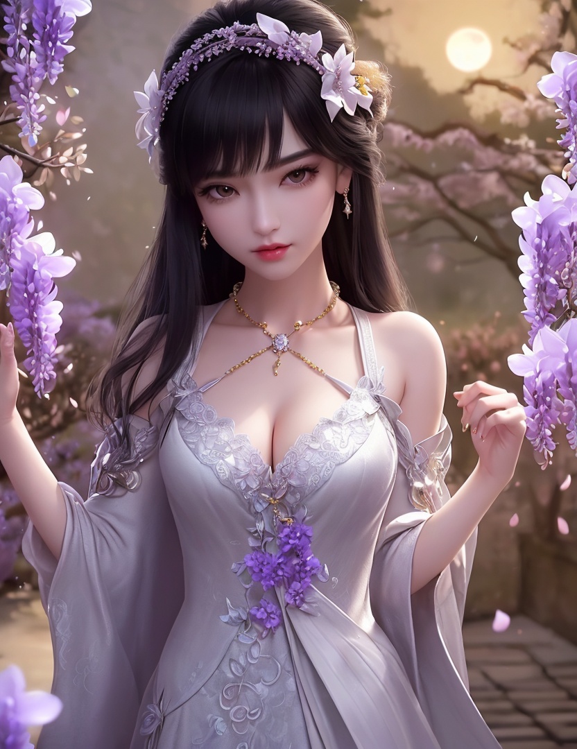 ultra realistic 8k cg, picture-perfect face, flawless, clean, masterpiece, professional artwork, famous artwork, cinematic lighting, cinematic bloom, perfect face, beautiful face, fantasy, dreamlike, unreal, science fiction,   lace, lace trim, lace-trimmed legwear,  (rich:1.4), prestige, luxury, jewelry, diamond, gold, pearl, gem, sapphire, ruby, emerald, intricate detail, delicate pattern, charming, alluring, seductive, erotic, enchanting, hair ornament, necklace, earrings, bracelet, armlet,halo((,1girl, pov,))(((1girl, jewelry, solo,breasts, looking_at_viewer,  outdoors,  full moon,  upper body, wisteria, chloris garden,  cherry blossoms, )))    <lora:DA_YueChanTeen:0.6>