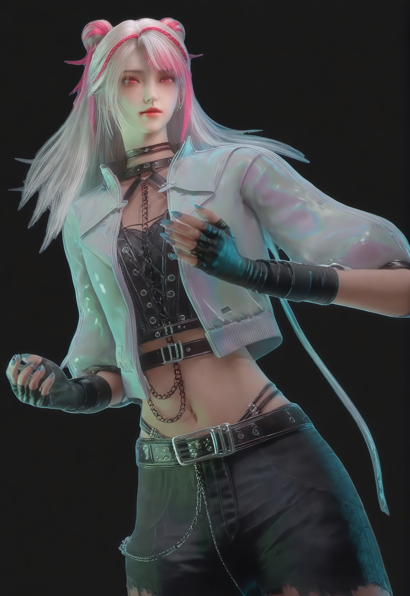 score_9,1girl,solo,gloves,fingerless gloves,chain,pink hair,multicolored hair,belt,navel,midriff,jacket,long hair,piercing,black background,double bun,torn clothes,pink eyes,white hair,pants,black gloves,choker,red eyes,hair bun,simple background,<lora:南小橙10轮:1>,