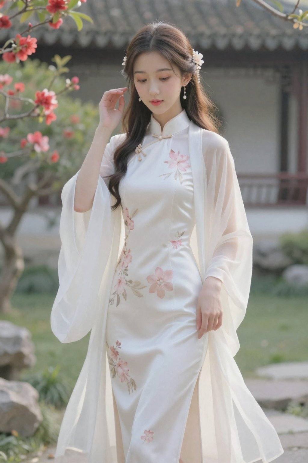 <lora:20260302_TinZITSharpnessSliderLora_v1_000000090:-2>, This photograph captures a young Asian woman standing in a serene garden setting, bathed in soft, natural light. She has long, wavy dark brown hair adorned with delicate floral hair accessories. Her complexion is fair, and her makeup is subtle yet elegant, featuring soft pink lipstick and light eye shadow. She is dressed in a traditional Chinese outfit, known as a qipao, which is a form-fitting dress with a high collar and long sleeves. The dress is predominantly white with delicate floral embroidery in shades of pink and beige, adding a touch of elegance and femininity.Her qipao is paired with a matching sheer, white overcoat that flows gracefully, accentuating the outfit's fluidity. The fabric appears to be a blend of silk and chiffon, giving it a soft, luxurious texture. She holds her right hand delicately near her face, while her left hand rests by her side. The background features a traditional Chinese garden with blooming red flowers and green foliage, and a classical building with a tiled roof, contributing to the cultural and historical context of the image. The overall mood is serene and graceful, capturing a moment of tranquility and beauty.