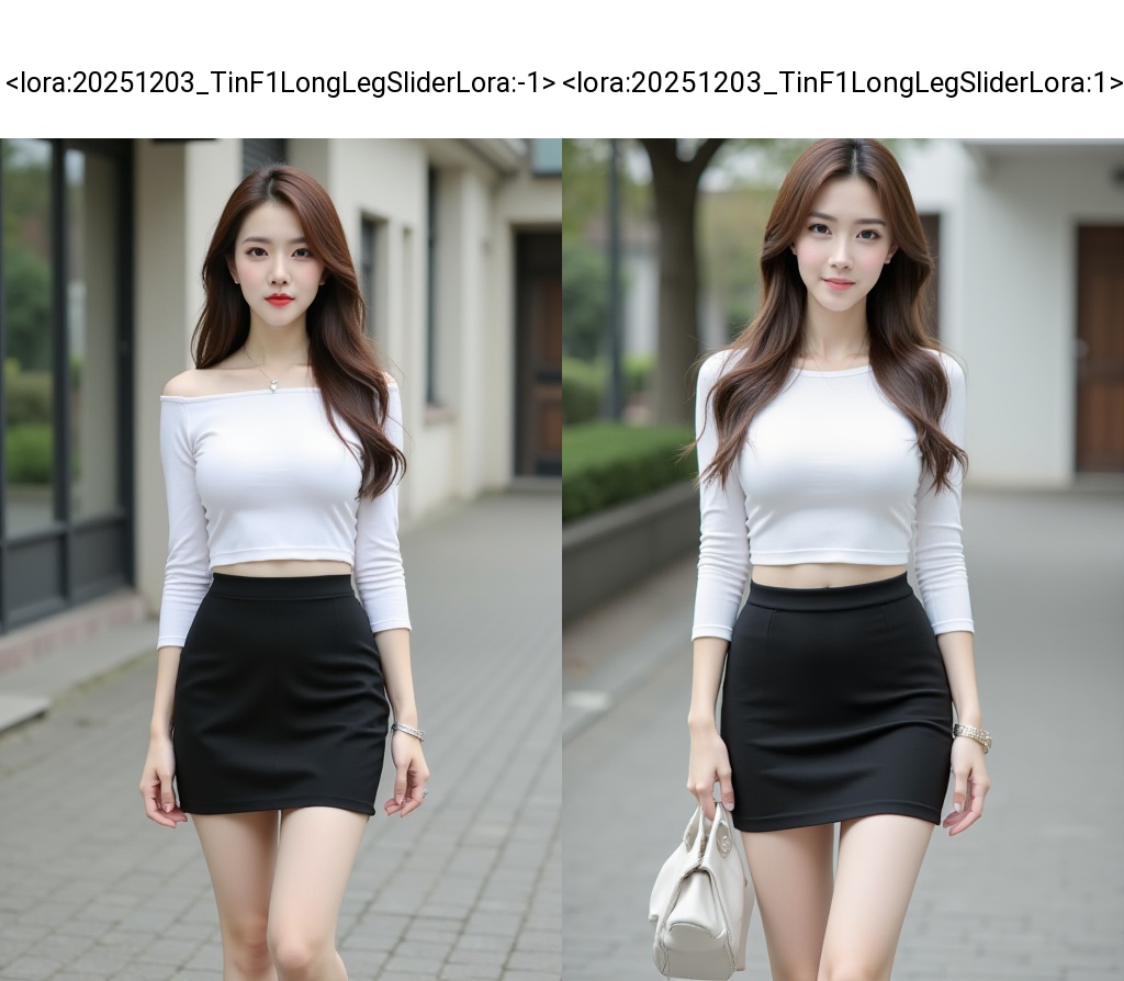 <lora:20251203_TinF1LongLegSliderLora:-1>,HDR photo of cinematic film still, A young woman with long brown hair wearing a short white boatneck and black super short tight skirt, looking at viewer, white high heel shoes, full body, bare legs, outdoors,