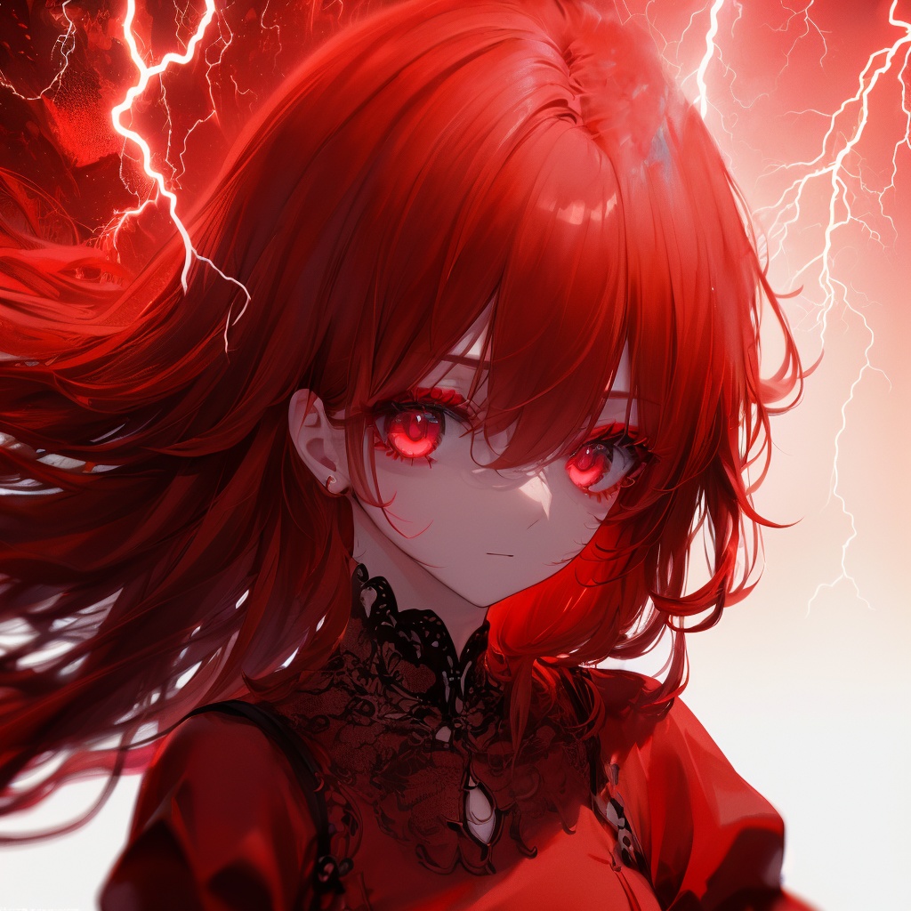 masterpiece,best quality, ultra-detailed, 1girl, beautiful detailed eyes, beautiful detailed glow, detailed lightning, beautiful detailed lightning,  long hair,red lightning,glowing,electricity,gradient,light,(((red dress))),red Theme,Lightning hair,fully body,makeup <lora:ldv2-000008:0.5>，Lightning surrounds the body
