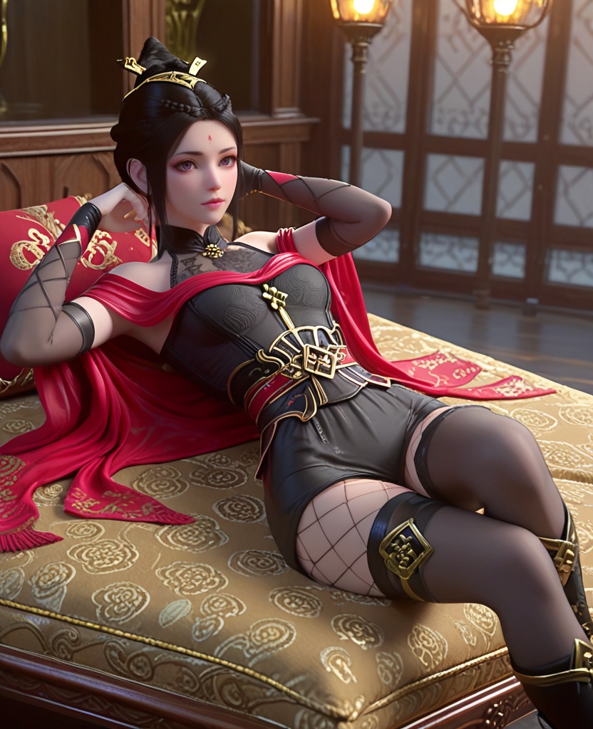 (oriental architecture, elegant decor, sophisticated style:1.1),(Lying down with one leg bent, hands behind the head:1.1),(breasts:1.2),<lora:XL斗破苍穹琥嘉:0.95>,miss hujia,black corset,sash,red see-through miniskirt,red shawl,makeup,purple eyes,forehead mark,black hair,sidelocks,hair bun,purple lipstick,eyeshadow,elbow gloves,black thighhighs,black boots,fishnets,, score_9,score_8_up,score_7_up,score_6_up,score_5_up,score_4_up,3d rendering,tag1,tag2, Cinematic Lighting,backlighting,