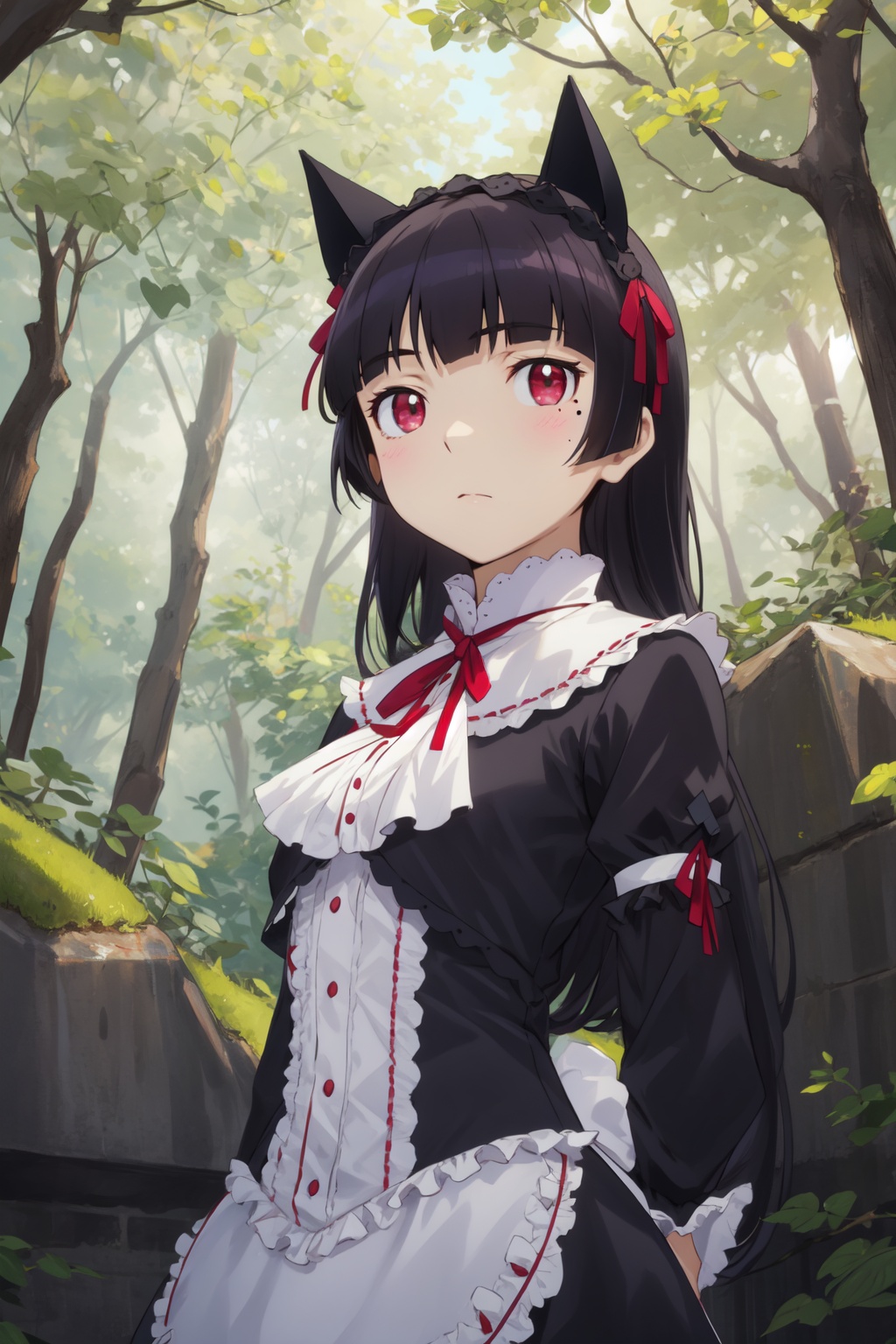 <lora:Ruri-000010:0.8>,Ruri cyql,1girl,looking at viewer,solo,long hair,black hair,hime cut,red eyes,mole,mole under eye,cat ears,animal ears,gothic lolita,lolita fashion,dress,frills,Passionate, A heated look, a flushed face, and a quickened breath.,cowboy_shot,beautiful face,beautiful eyes,glossy skin,shiny skin,Forest, Brook, Sunlight, Trees, Moss, Rocks, Tranquility, Nature sounds,(Eucalyptus trees, Red soil, Koalas, Eucalyptus scent, Outback landscape, Aboriginal art:0.6),beautiful detailed sky,beautiful detailed glow,posing in front of a colorful and dynamic background,masterpiece,best quality,beautiful and aesthetic,contrapposto,female focus,wallpaper,fashion,