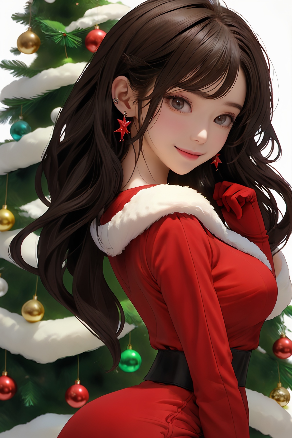 1girl,solo,christmas tree,long hair,jewelry,red gloves,earrings,side slit,looking at viewer,gloves,christmas,dress,red dress,long sleeves,christmas ornaments,star (symbol),smile,belt,breasts,black hair,from side,cowboy shot,brown eyes,closed mouth,ass,lips,fur trim,simple background,bangs,medium breasts,brown hair,santa costume,looking back,white background,wavy hair,black eyes,fur-trimmed sleeves,<lora:shengdan:0.6>,normal fingers,