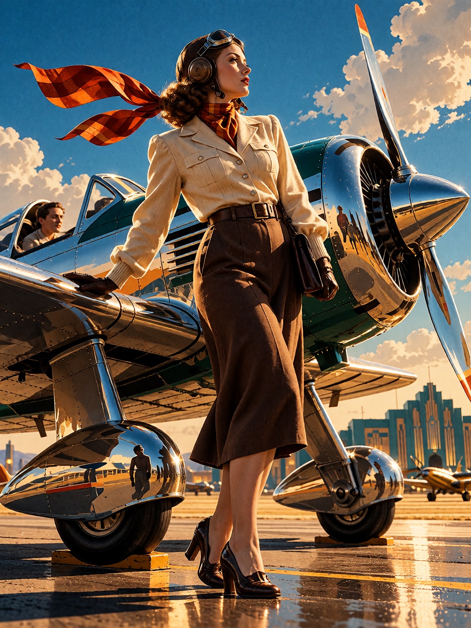 A young ***** woman aviator standing beside a polished 1930s-inspired monoplane on an open airfield,  scarf lifted by the...