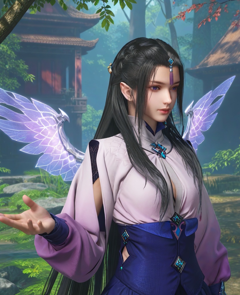 (oriental architecture, elegant decor, sophisticated style:1.1),(elf,flying in a forest,glowing wings:1.1),(breasts:1.2),<lora:XL16古剑奇谭三云无月:0.95>,miss yunwuyue,pinkish white tunic,blue peplum overskirt,red violet petticoat,blue violet eyes,forehead pendan,black hair,very long hair,cornrows with long front strands,hair ornament,single earring,wristband,, score_9,score_8_up,score_7_up,score_6_up,score_5_up,score_4_up,3d rendering,tag1,tag2, Cinematic Lighting,backlighting,