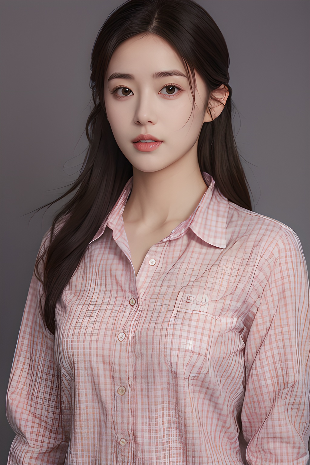 <lora:0808_08:0.7>,simple background,pink plaid_shirt,, 1girl,realistic,masterpiece, best quality, photorealistic, HDR,detail