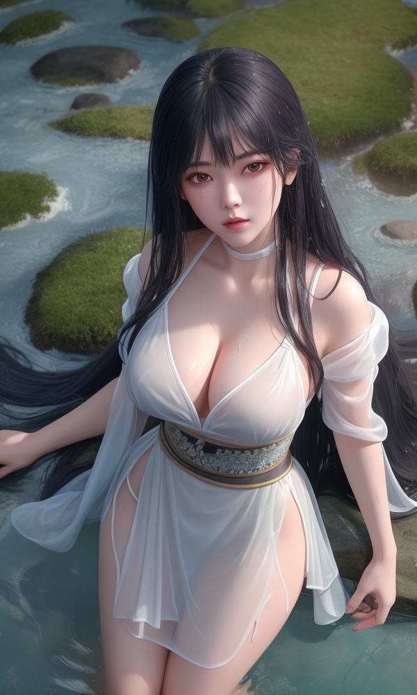 (,1girl, ,best quality, ),looking at viewer, <lora:418-DA-百炼成神-莫雨馨:0.8> ,(Highest picture quality), (Master's work), full body, (ultra-detailed), the portrait is centered, 1girl, raiden shogun, nsfw, (wet clothes), blush, bare hips, (sheer shirt), (from above:1.7), (translucent dress), water drop, (rain), (outdoors), stained, wet hair, wet dress, wet, scenery, (long hair), nature background, close up, ((on back)), water, lying in water, masterpiece, best quality, ultra high res, highly detailed, (abstract expressionism art:1.4), [girl | fire ghost:10], love,, dark rainbow theme, colorful, visually stunning, beautiful, gorgeous, emotional, intricate, perferct shading, rainbow hair,upper body,(cleavage), 1girl, , , depth_of_field, solo, , ,