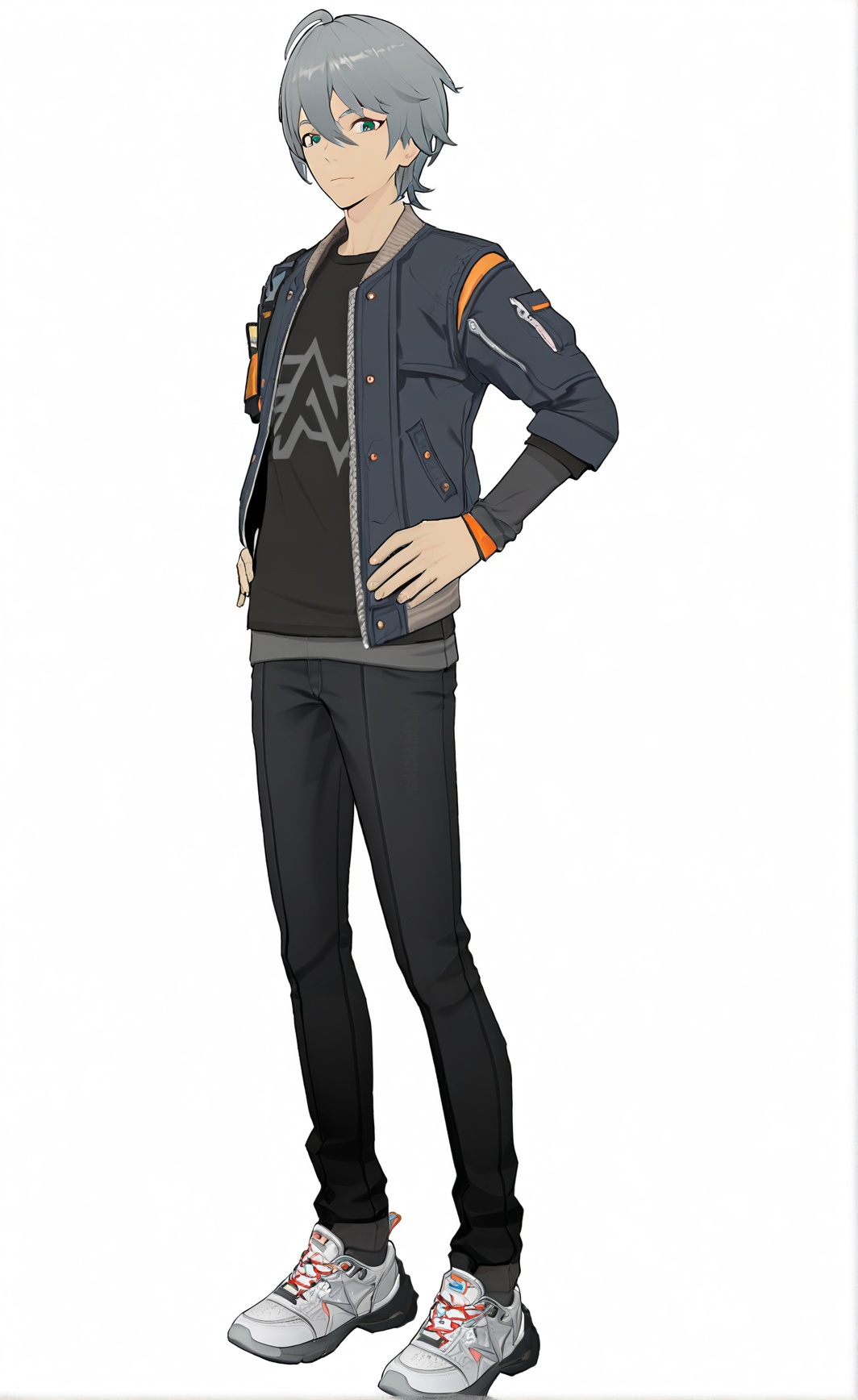 8k, best quality, masterpiece, (ultra-detailed), white background, (full body:1.2), standing, looking at viewer, (solo:1.2), hands on  hip, <lora:zzzstyle-artiwaifu-Tanger-000011:0.7>, zhe, zhe's def clothes,  zzz style, 1boy,  jacket, sneakers,  grey hair, shoes,  pants