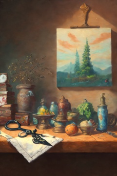 aliekexie,masterpiece,best quality,<lora:阿列克谢·安东诺夫:0.8>,a painting of a table with a bunch of items on it and a pair of scissors on the table,highly detailed oil painting,a still life,super realistic still life,(no_humans:1.2),on the desktop,multiple tools,