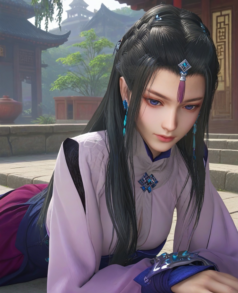 (oriental architecture, elegant decor, sophisticated style:1.1),(lying:1.1),(breasts:1.2),<lora:XL16古剑奇谭三云无月:0.95>,miss yunwuyue,pinkish white tunic,blue peplum overskirt,red violet petticoat,blue violet eyes,forehead pendan,black hair,very long hair,cornrows with long front strands,hair ornament,single earring,wristband,, score_9,score_8_up,score_7_up,score_6_up,score_5_up,score_4_up,3d rendering,tag1,tag2, Cinematic Lighting,backlighting,