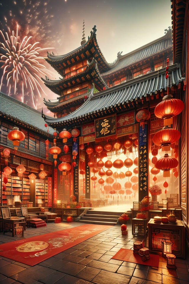 arch, fireworks, architecture, bookshelf, bridge, building, chimney, city lights, cityscape, east asian architecture, fantasy, lantern, library, no humans, pagoda, paper lantern, railing, red sky, rooftop, scenery, skyscraper, storefront, tower, voile,gufeng