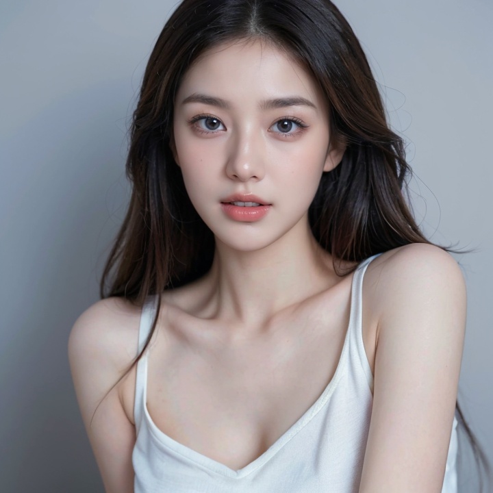 front angle,(8k, best quality, masterpiece:1.2),(realistic, photo-realistic:1.37),ultra-detailed,(looking_at_viewer:1.4),(eye-contact:1.4),1girl, solo, looking_at_viewer, realistic, blue_background, teeth, lips, long_hair, upper_body, open_mouth, ****_top, <lora:YG初恋女神小姐姐:0.7>,