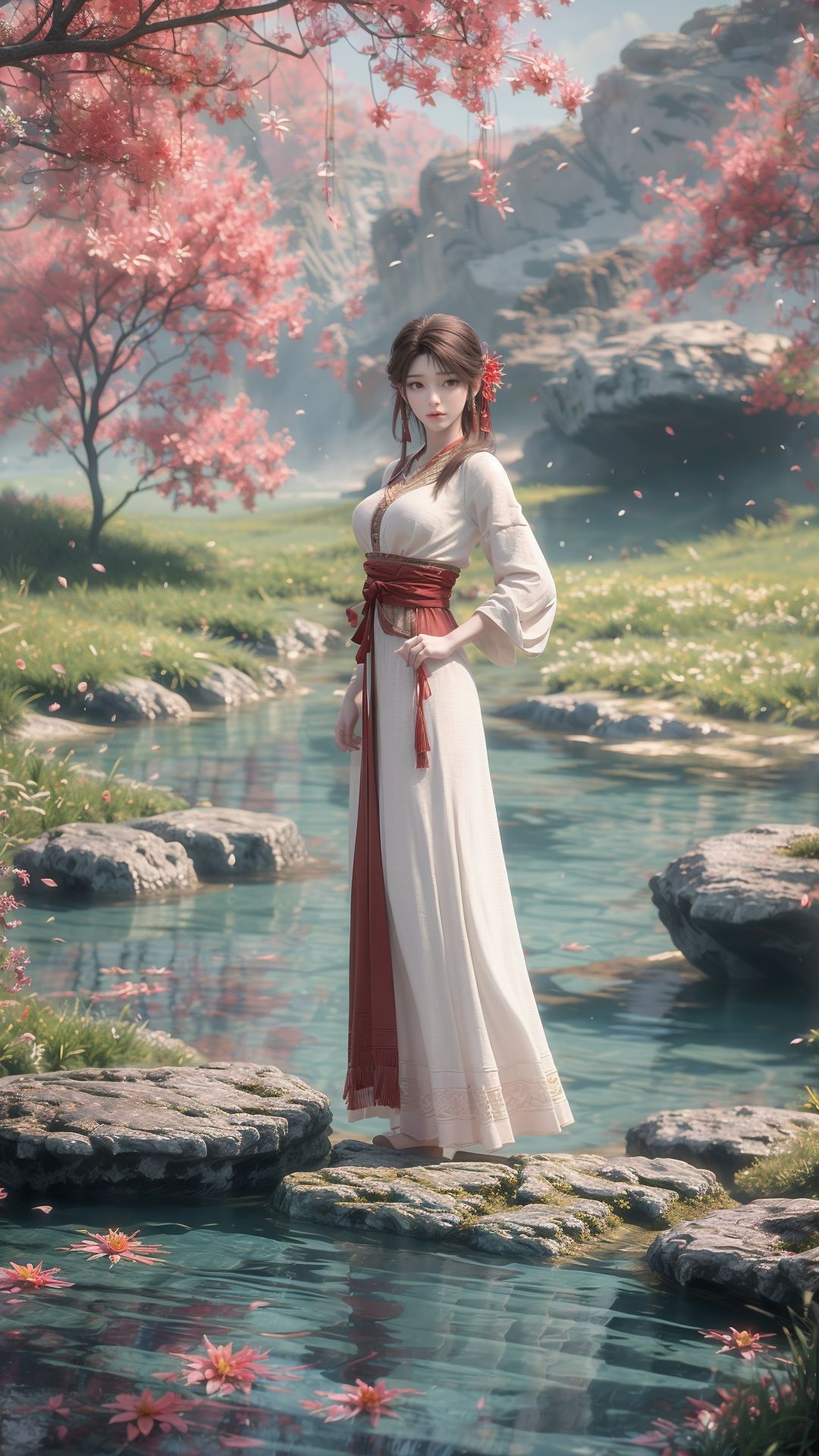 <lora:HUOLINGER_20240322142928-000008:0.75>,HUOLINGER,solo,1girl,brown hair,blurry background,blurry,hair ornament,long hair,jewelry,earrings,upper body,realistic,flower,hair flower,chinese clothes,outdoors,day,sky,scenery,depth of field,reflection,dress,tree,breasts,braid,ribbon,red ribbon,red flower,tassel,(looking at viewer:1.3),long sleeves,blue sky,autumn,grass,autumn leaves,nature,rock,hair ribbon,full body,<lora:SLS_20240322204641-000005:0.75>,, raw photo,photorealistic,best quality,masterpiece,illustration,an extremely delicate and beautiful,extremely detailed,CG,unity,8k wallpaper,Amazing,finely detail,masterpiece,best quality,official art,extremely detailed CG unity 8k wallpaper,absurdres,incredibly absurdres,huge filesize,ultra-detailed,highres,extremely detailed,beautiful detailed girl,cinematic lighting,1girl,pale skin,tall female,perfect body shape,skinny body,Slender legs,Perfect finger,Perfect body,