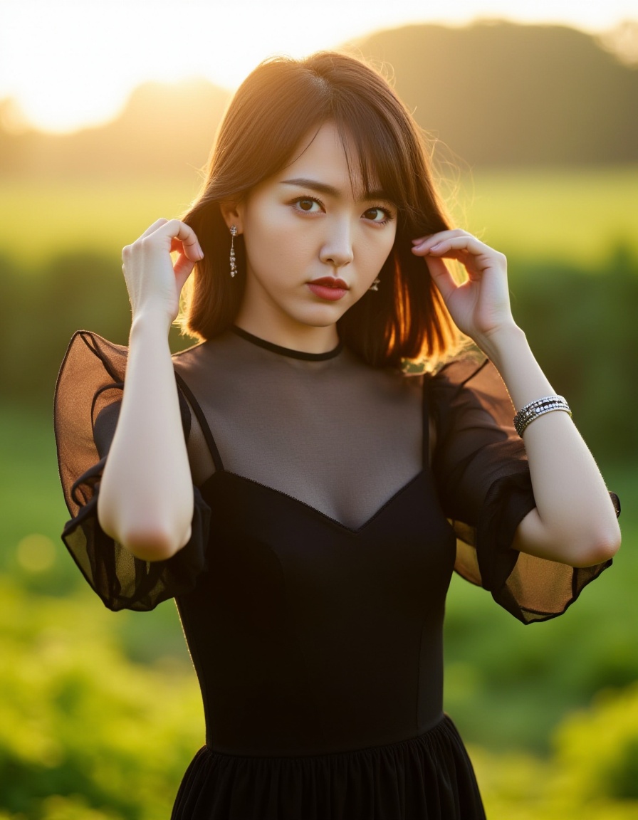 This photograph captures a young Asian woman with fair skin and straight, shoulder-length brown hair. She is standing outdoors in a sunlit field, wearing a sheer black top with puffed sleeves and a black dress underneath. Her expression is neutral, and she is adjusting her hair with both hands. The background features lush greenery and a soft, golden glow from the setting sun, creating a serene, natural ambiance.