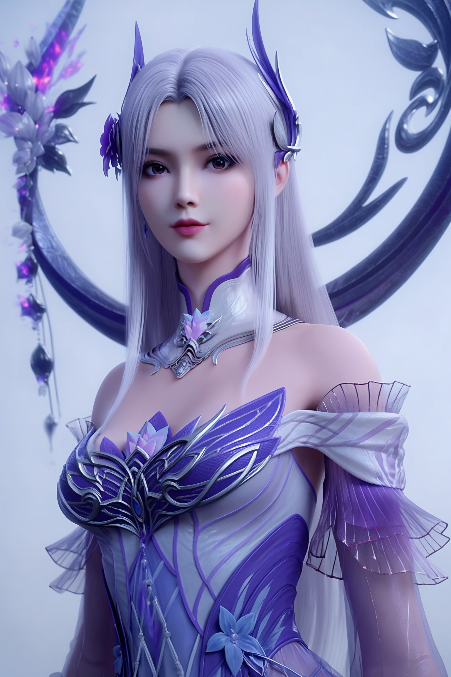 realistic style photo outstanding style,tall,cute,in her teens. Use soft lighting to cast gentle shadows on the subject,adding a touch of dimension to your images without compromising details,score_9,score_8_up,score_7_up,looking at viewer,upper body,<lora:小医仙斗尊:0.8>,1girl,solo,long hair,dress,hair ornament,detached collar,bare shoulders,see-through,white hair,purple dress,detached sleeves,jewelry,