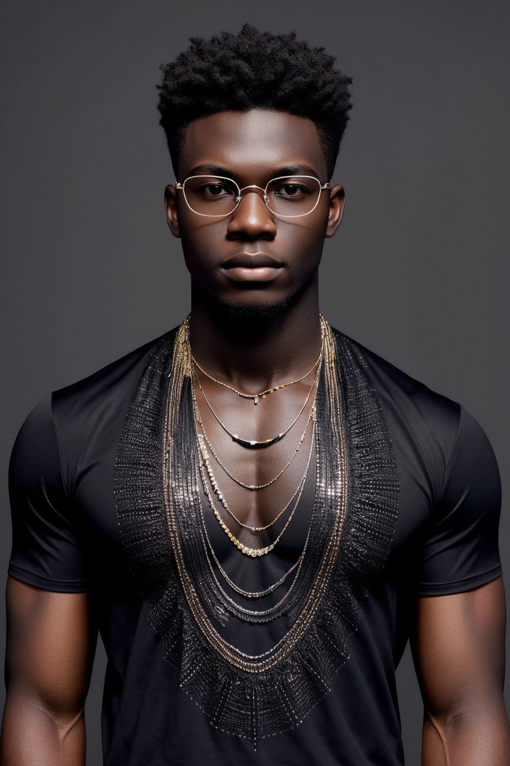 1boy,20 years old,1 dark skinned African strong Man,(fractal art:1.3),deep shadow,dark theme,((fully clothed)),((body facing viewer)),((looking straight at viewer)),necklace,eye glasses,forlorn,