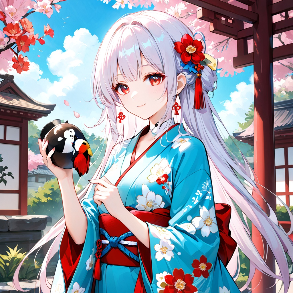 1girl,red eyes,japanese clothes,flower,kimono,smile,long hair,hair flower,hair ornament,bird,solo,sash,parted bangs,obi,branch,outdoors,bangs,looking at viewer,blue kimono,white hair,cherry blossoms,red flower,closed mouth,pink flower,long sleeves,holding,blurry,floral print,wide sleeves,very long hair,day,upper body,tree,petals,blurry background,depth of field,ribbon,bird on hand,blush,hand up,