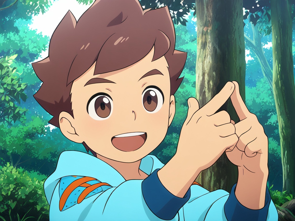 <lora:MHS_Lute_XL:1>,monster hunter \(series\),monster hunter costume,blue loungewear,do not split pictures,best quality,best detail,masterpiece,NSFW,male focus,forest,solo,1boy,male_child,petite,brown hair,brown eyes,short hair,(long eyebrows:0.8),happy,perfect hands,(5fingers:1.3),correct anatomy,huge filesize,available light,full_shot,