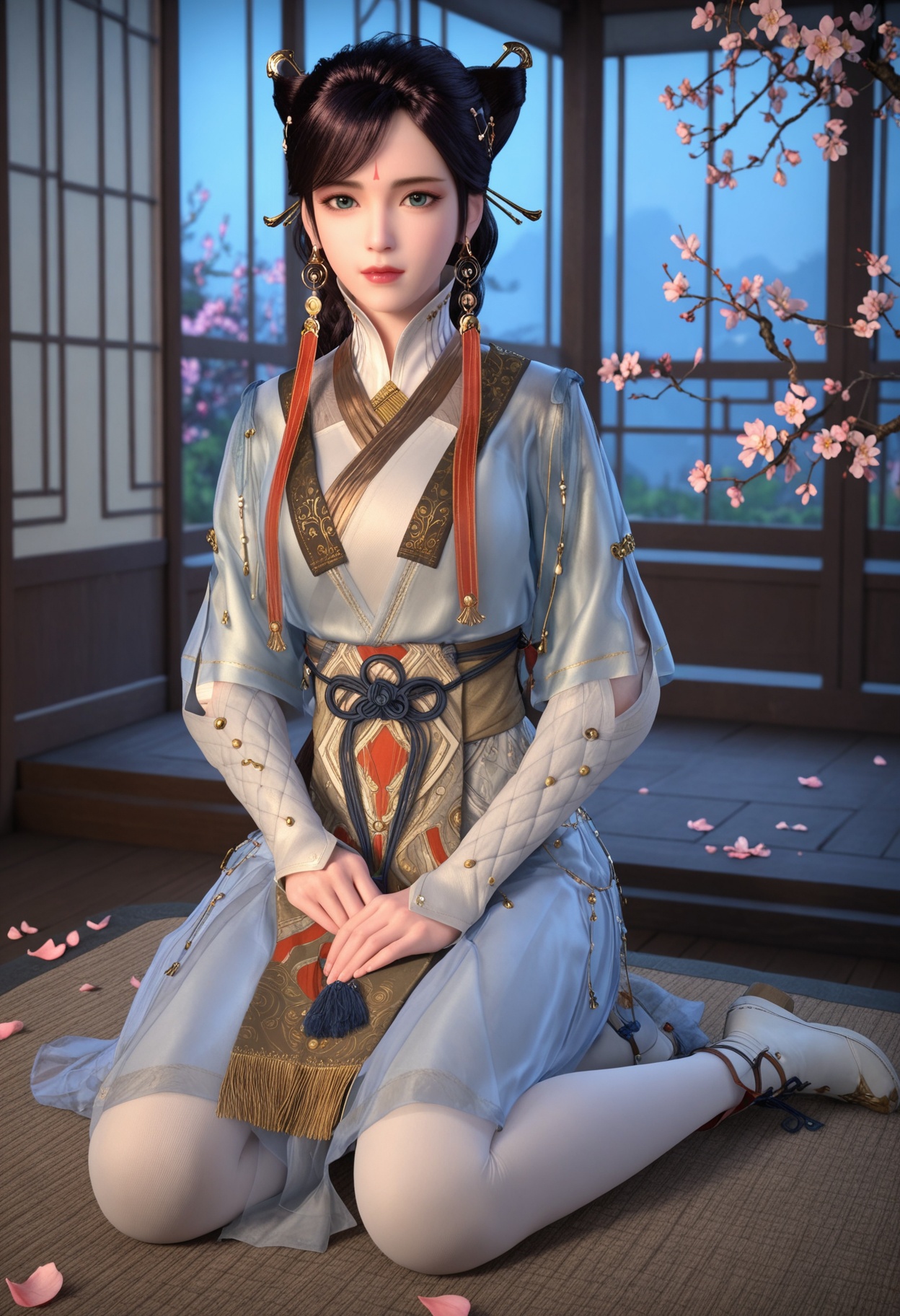 (full_body:1.1),(looking at viewer:1.1),masterpiece,(best quality),smog,Dark room,dim lighting,peach blossom,falling petals,<lora:YQ_Illustrious光辉v5_徐灵犀_V1:0.8>,q1528437228,1girl,solo,jewelry,earrings,hair ornament,black hair,lips,chinese clothes,dress,forehead mark,green eyes,hair bun,long hair,makeup,brown hair,hair stick,long sleeves,tassel,boots,white pantyhose,braid,blue eyes,brown eyes,double bun,