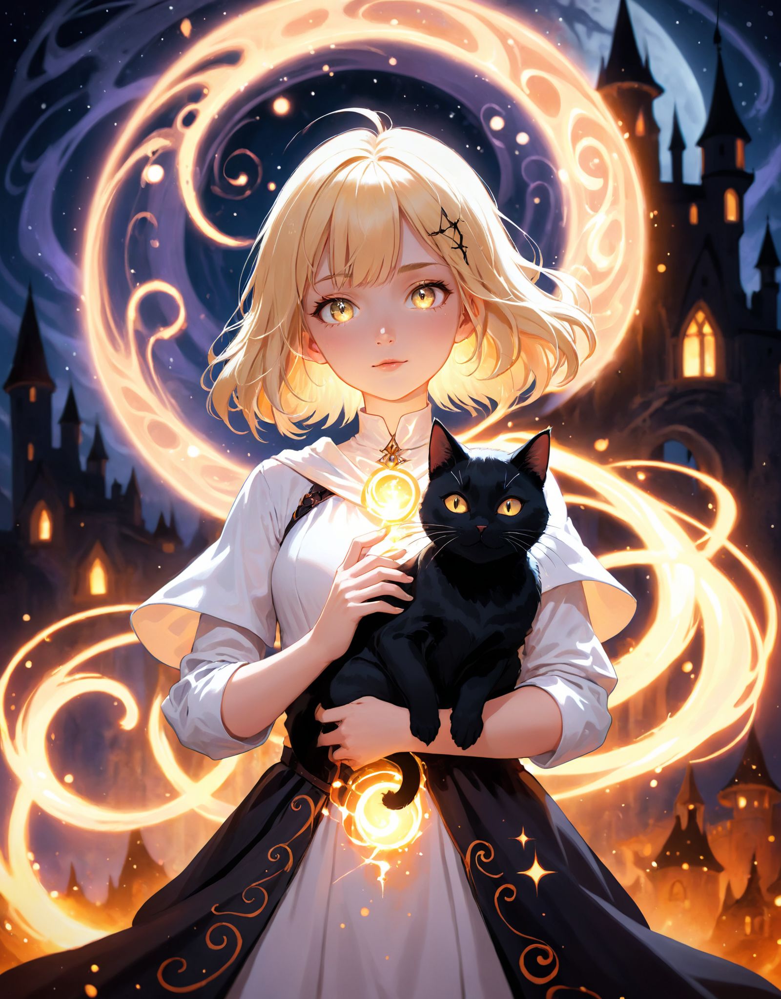 Photo of a blonde wizard girl,  illuminated by the moonlight,  with her black cat familiar on Tensor.Art