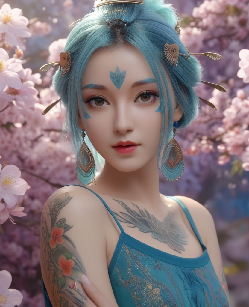 <lora:571-DA-XL-眷思量-奉眠:0.8>(,1girl, ,best quality, ),looking at viewer,  ,,ultra detailed background,ultra detailed background,ultra realistic 8k cg,, ,masterpiece, (( , )),ultra realistic 8k cgSurrounded by strange, movie perspective, advertising style, Colorful background, splash of color A beautiful woman with delicate facial features,tattoo all over body, flower arms,