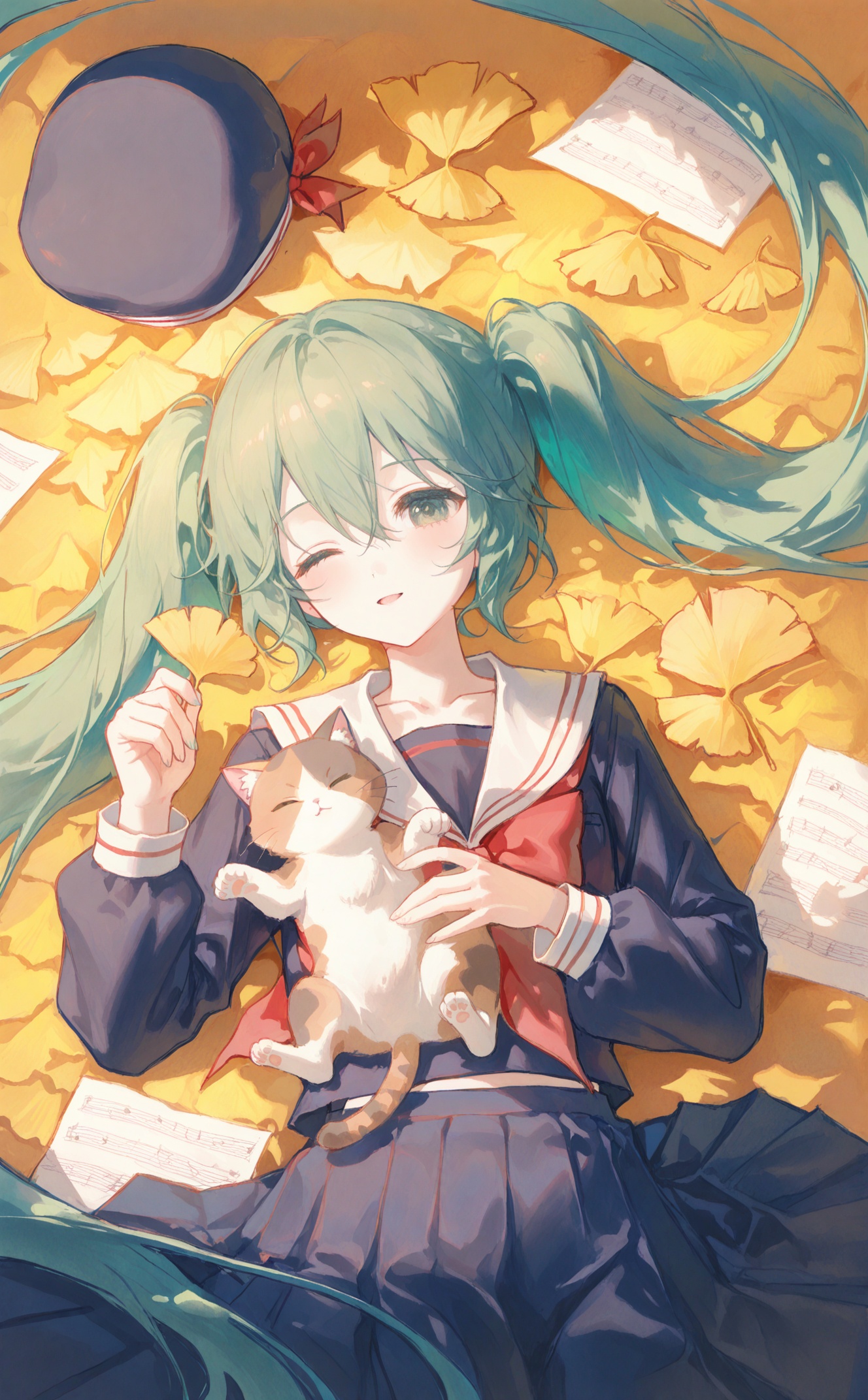 best,1girl,hatsune miku,cat,long hair,green hair,one eye closed,green eyes,very long hair,twintails,paper,sheet music,solo,lying,on back,long sleeves,sailor collar,absurdly long hair,school uniform,bowtie,skirt,serafuku,animal,red bow,looking at viewer,bow,hat,leaf,red bowtie,hair between eyes,shirt,blue shirt,parted lips,autumn leaves,blue skirt,white sailor collar,papers,ginkgo leaf,unworn headwear,pleated skirt,neckerchief,black skirt,holding,upper body,black cat,blue serafuku,unworn hat,hair spread out,petting,red neckerchief,sidelocks,black serafuku,from above,blush,collarbone,autumn,glasses,closed mouth,black shirt,black headwear,blue headwear,holding paper,puffy long sleeves,round eyewear,open mouth,dress,falling leaves,holding animal,smile,holding cat,puffy sleeves,<lora:lp49-000022:0.9>,
