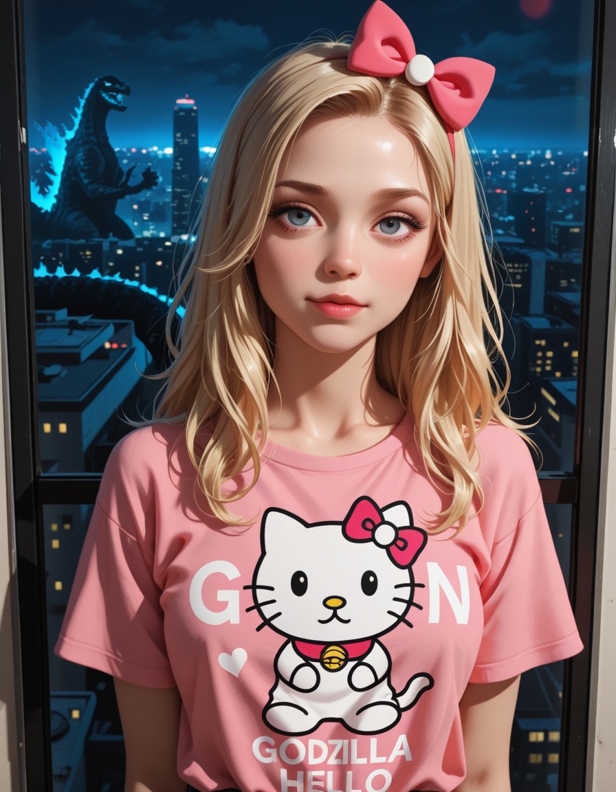 beautiful blonde girl with a pink hello kitty t-shirt,  godzilla in the background is judging you too on Tensor.Art