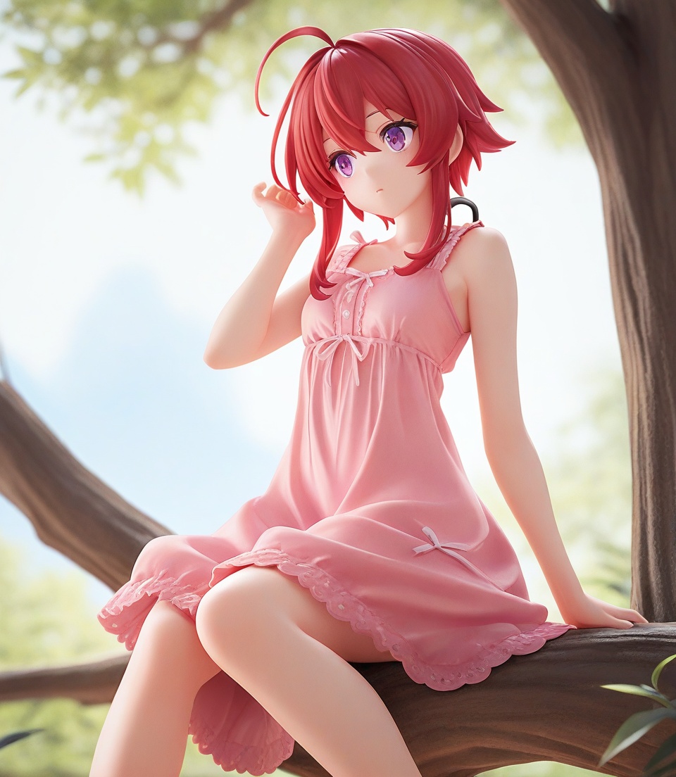 1girl,masterpiece,high quality,best quality,beautiful,upper body,pink dress,sitting on tree,ahoge,red hair,