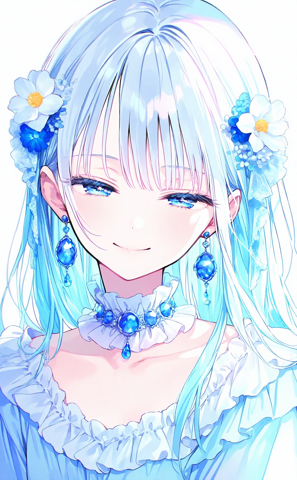 masterpiece,highres,absurdres,newest,best quality,high quality,chromatic_aberration,//,1girl, solo, blue_eyes, hair_ornament, jewelry, earrings, blue_hair, smile, flower, half-closed_eyes, hair_flower, closed_mouth, blue_theme, white_background, frills, portrait, frilled_choker, collarbone, looking_at_viewer, white_hair, frilled_collar, gem, dress, simple_background, sidelocks, long_hair, multicolored_hair, white_flower, blunt_bangs, white_theme, blue_flower, blue_gemstone, upper_body, eyelashes, light_blue_hair, blue_dress//,//,<lora:chun_paretto——【noob】hans:0.8>,