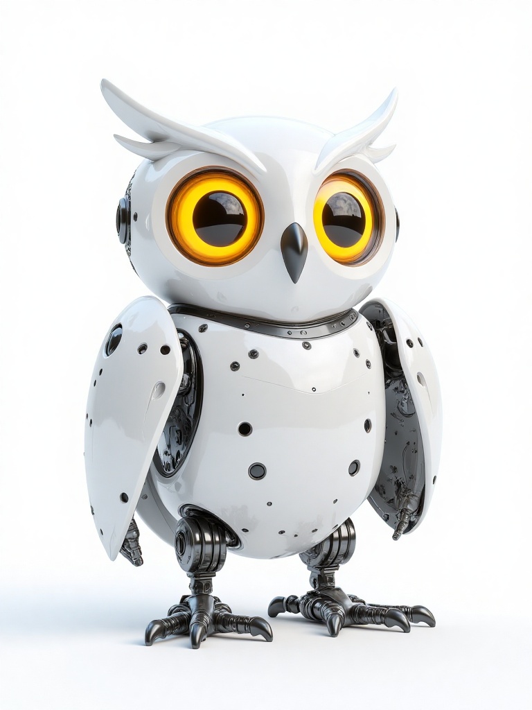 HIRO,A highly detailed CGI rendering of a white, anthropomorphic owl with large, glowing yellow eyes and intricate mechanical details. The owl has a sleek, metallic body with visible joints and rivets, giving it a robotic appearance. The background is a plain white, emphasizing the owl's futuristic design. 