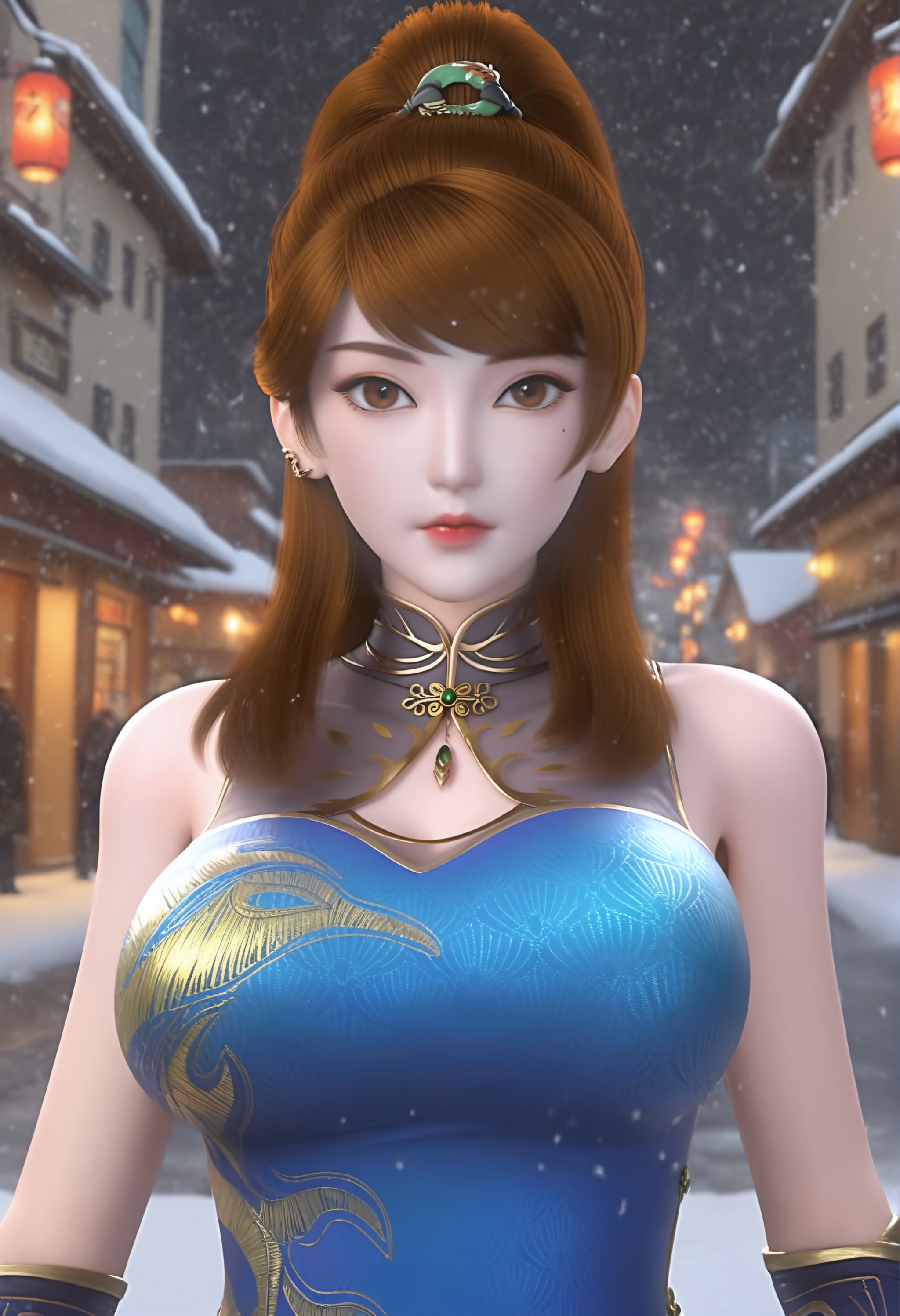 (score_9),<lora:肖凝儿-Apony-000008:0.85>,xiaoninger,solo,1girl,brown hair,long hair,ponytail,brown eyes,hair rings,jewelry,ear piercing,mole under eye,lipstick,cocked eyebrow,china dress,high collar,bracer,side slit,<lora:perfect-eyes:0.8>,light blush,body blush,looking at viewer,front view,(bangs_pinned_back:1.1),mature,glamor,collarbone,puffy breasts,pointy_breasts,large breasts,street,(snow,ice:1.1),OverallDetail,(white_skin),(Ivory_skin),fair skin,<lora:e色温:0.5>,<lora:e肤色滑块:0.5>,
