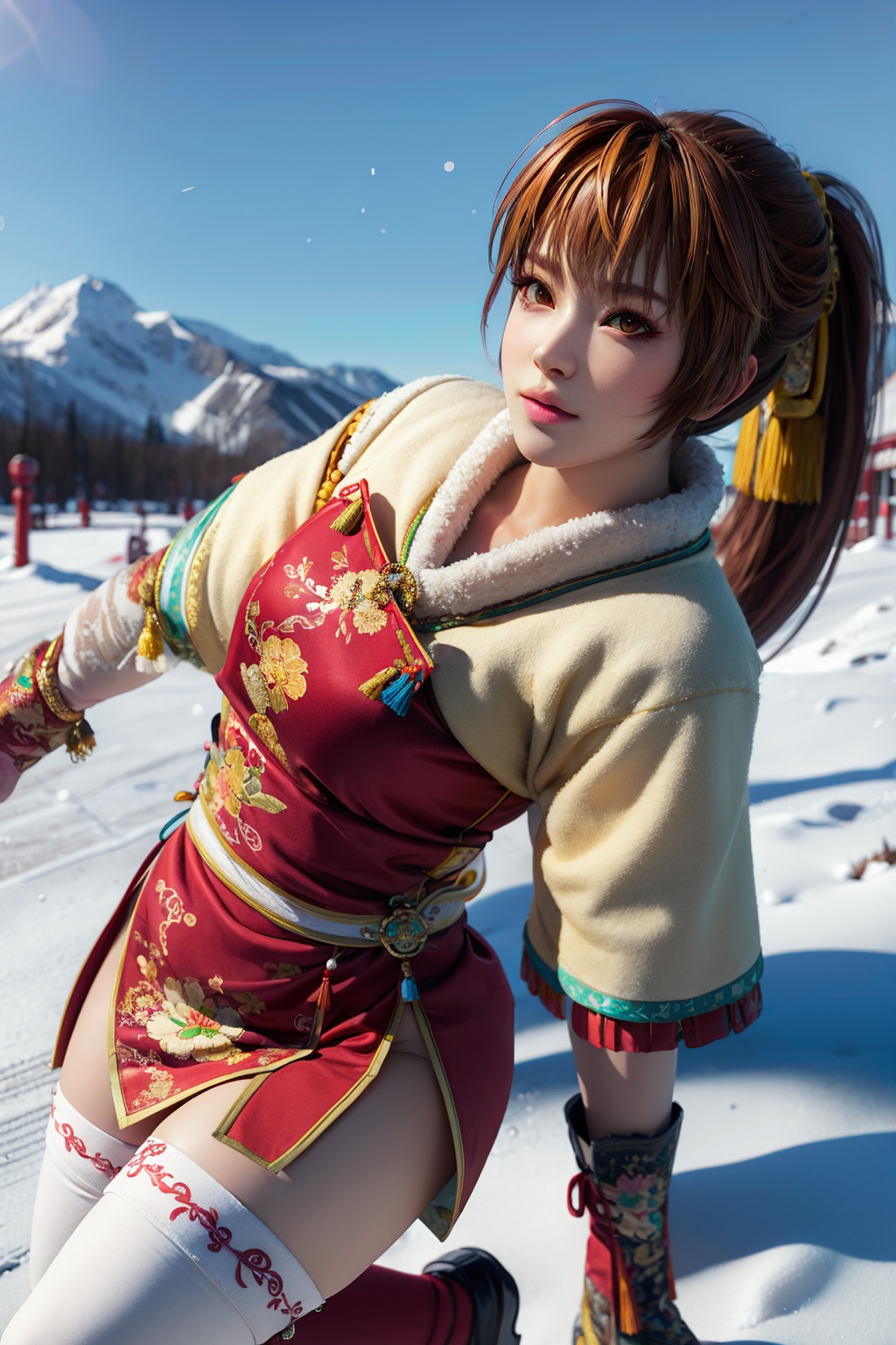 masterpiece,high quality,kasumi,brown eyes,1girl,solo,looking_at_viewer,<lora:add_detail:0.3>,3D graphics,brown hair,ponytail,white thighhighs,simple background,outdoors,(snow),snowflakes,<lora:kasumi-000003:0.75>,chinese clothes,china dress,new year,