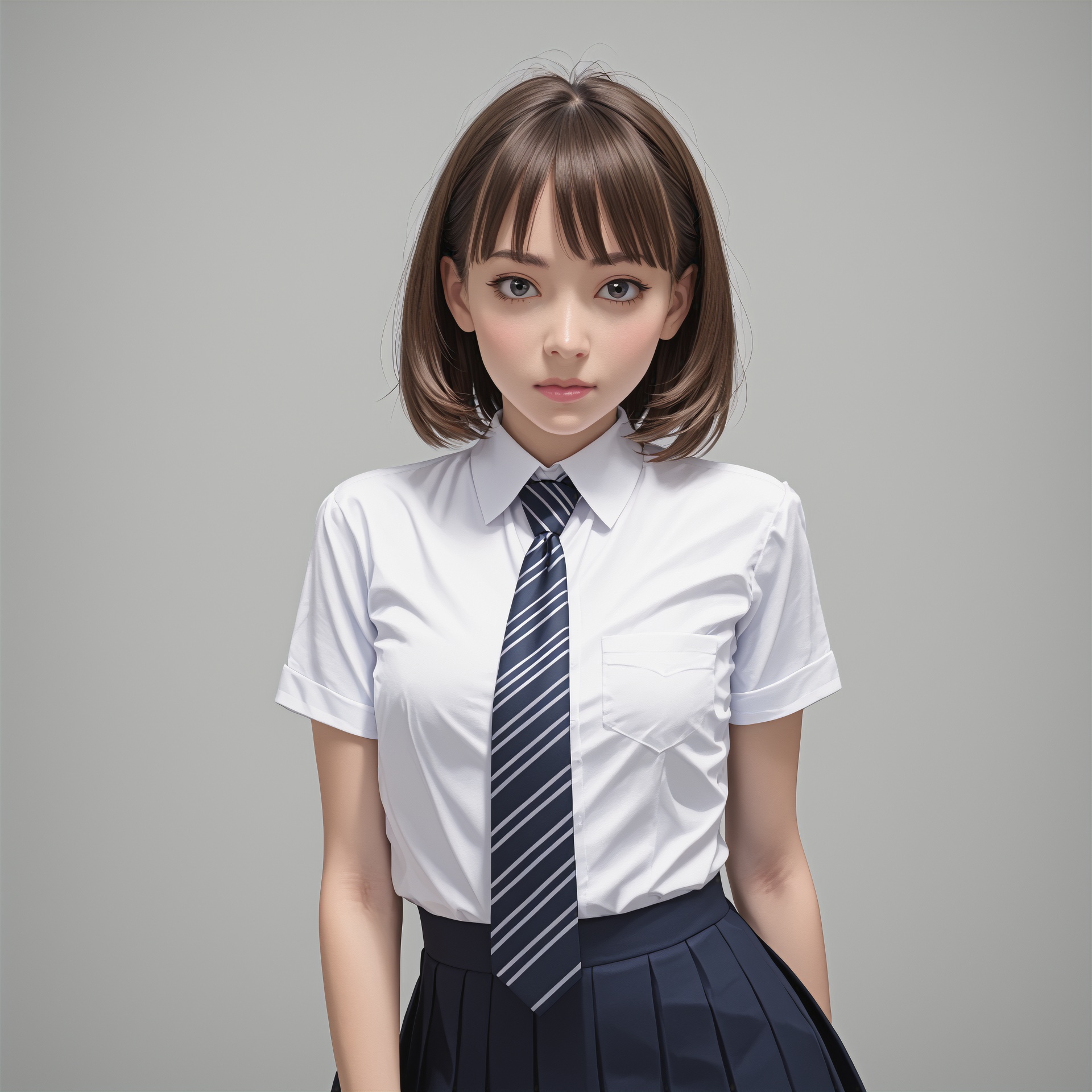 A high-resolution 3D model render of a female model with a bob haircut. The character is shown from the shoulders up,  wea...