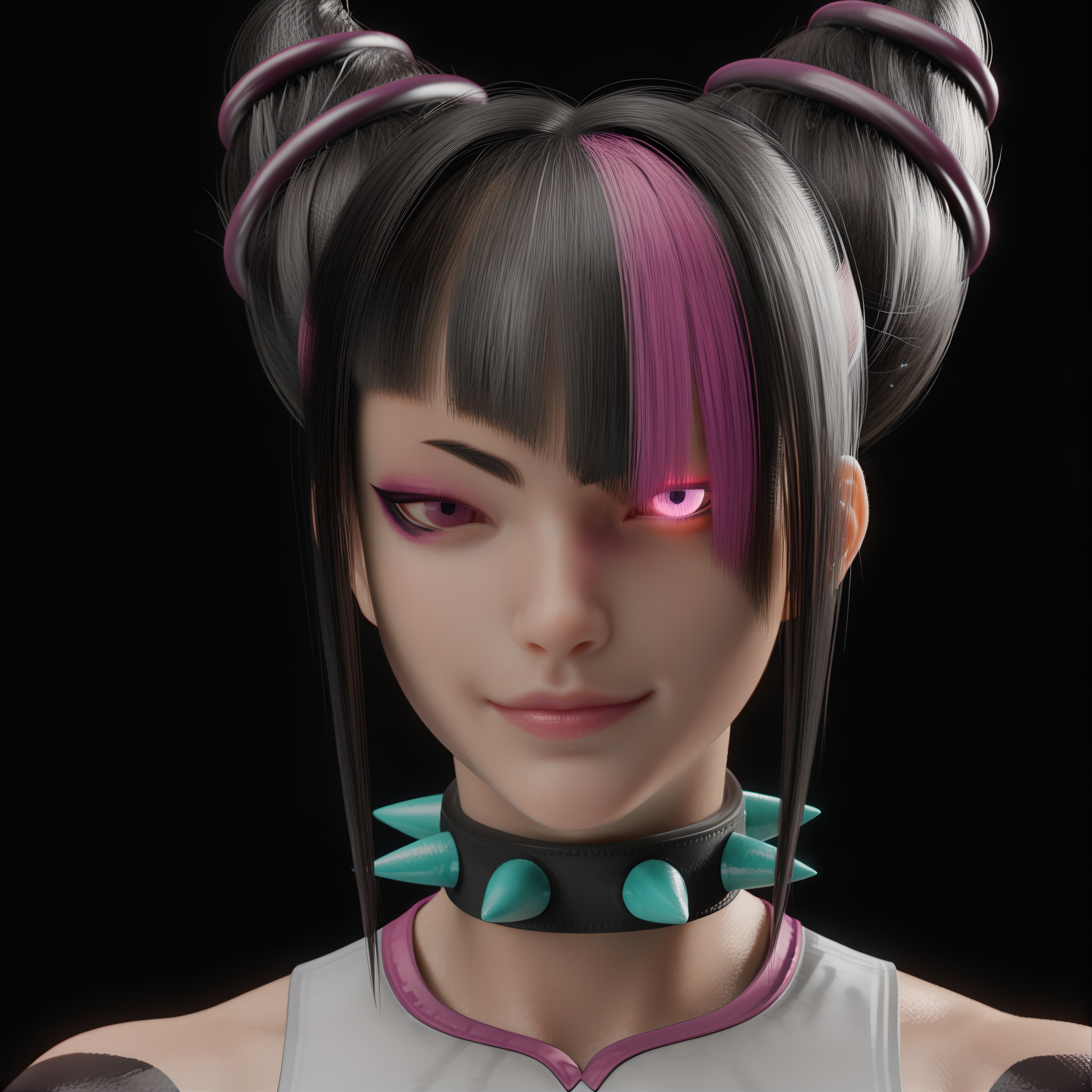 masterpiece,best quality,absurdres,highres,<lora:HanJuri_ill-000009:0.83>,upper body,half-closed eyes, 1girl,solo,han juri,hair horns,black hair,spiked choker,streaked hair,pink streak,pink eyeshadow,purple eyes,glowing eye,light blush,light smile,(white_skin),(pale_skin),fair_skin,<lora:IL色相饱和:0.5>,<lora:IL色温:-0.5>,rim light,Volumetric Lighting,Tyndall effect,Cinematic Lighting,fantasy,