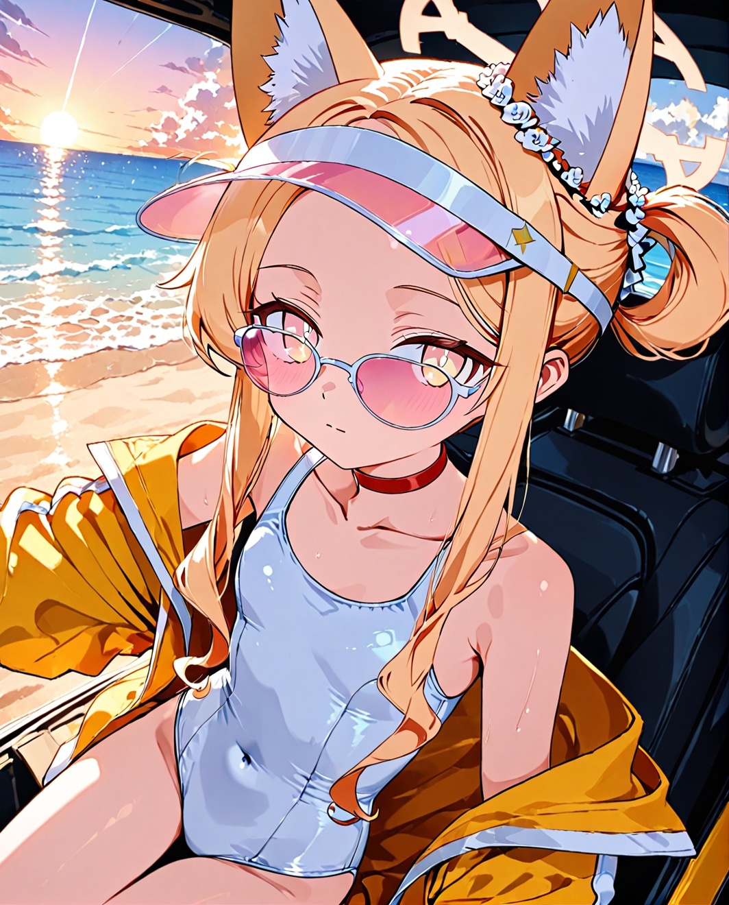 O,seia\(blue_archive\), 1girl, animal ears, swimsuit, solo, blonde hair, long hair, white one-piece swimsuit, sunglasses, one-piece swimsuit, jacket, fox ears, visor cap, looking at viewer, motor vehicle, animal ear fluff, outdoors, ocean, tinted eyewear, sitting, sunset, ground vehicle, car, water, sky, choker, cloud, bare shoulders, hair rings, yellow eyes, very long hair, yellow jacket, beach, halo, sidelocks, off shoulder, bangs, red choker, collarbone, open clothes, long sleeves, pink eyes, horizon, looking over eyewear, extra ears, school swimsuit, pink-tinted eyewear, open jacket, car interior, closed mouth, cloudy sky,(UHD),anatomically correct,accurate,textured skin,super detail,high details,award winning,best quality,high quality,retina,HD,16k,1080P,