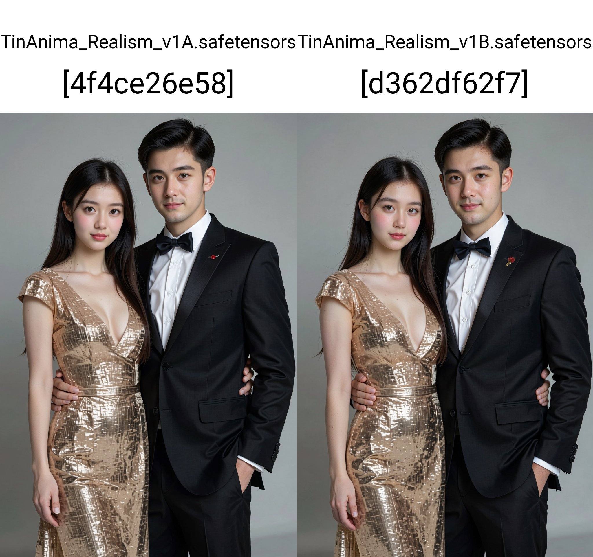 Photograph of a young Asian couple standing against a plain gray background. The woman,  with long,  straight black hair o...