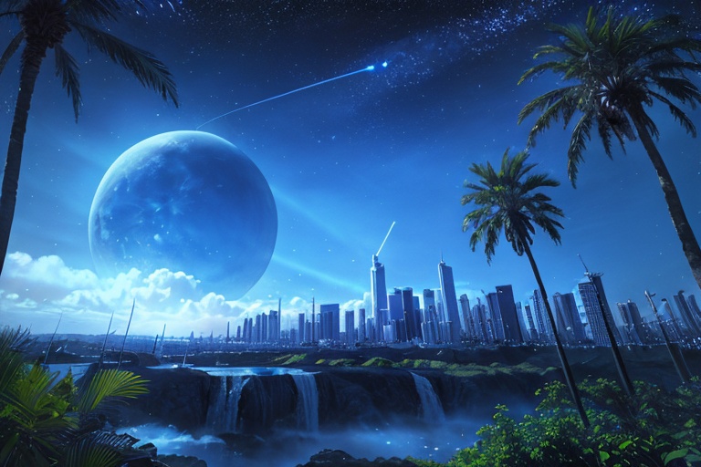 blue theme, city, contrail, dark, facial hair, moon, moss, nature, night, no humans, outdoors, palm tree, scenery, sky, space, starry sky, xingkong, yuzhou, <lora:SD1.5_Xingkong1.28:0.5>