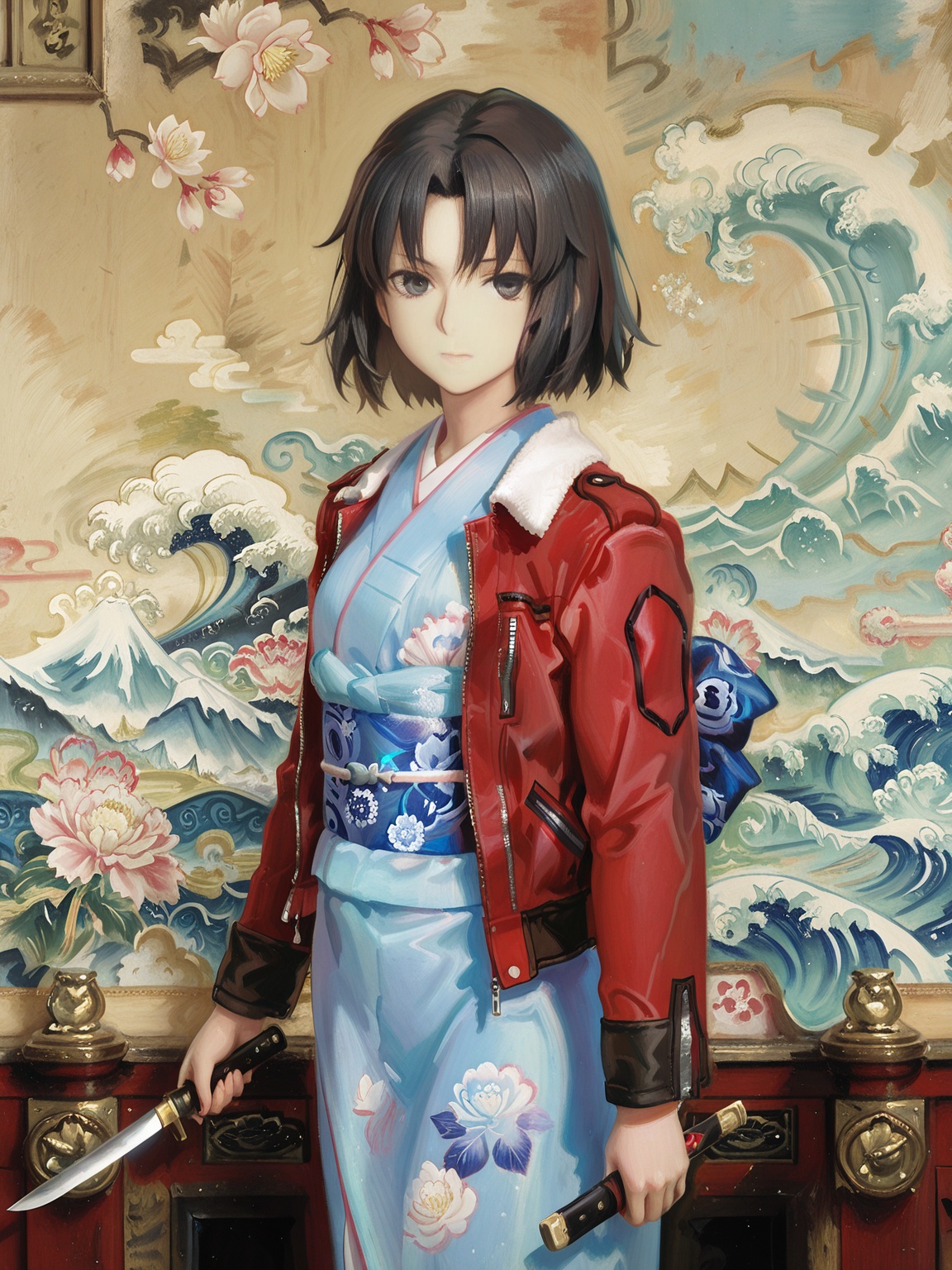 Best quality, masterpiece, official quality,official art, high-quality,,painting,oil painting, <lora:AS ART Sargent :1>,<lora:mature body noob 10:0.6>，young woman, ryougi shiki, solo, red jacket, jacket, knife, japanese clothes, kimono, short hair, black hair, blue kimono, black eyes