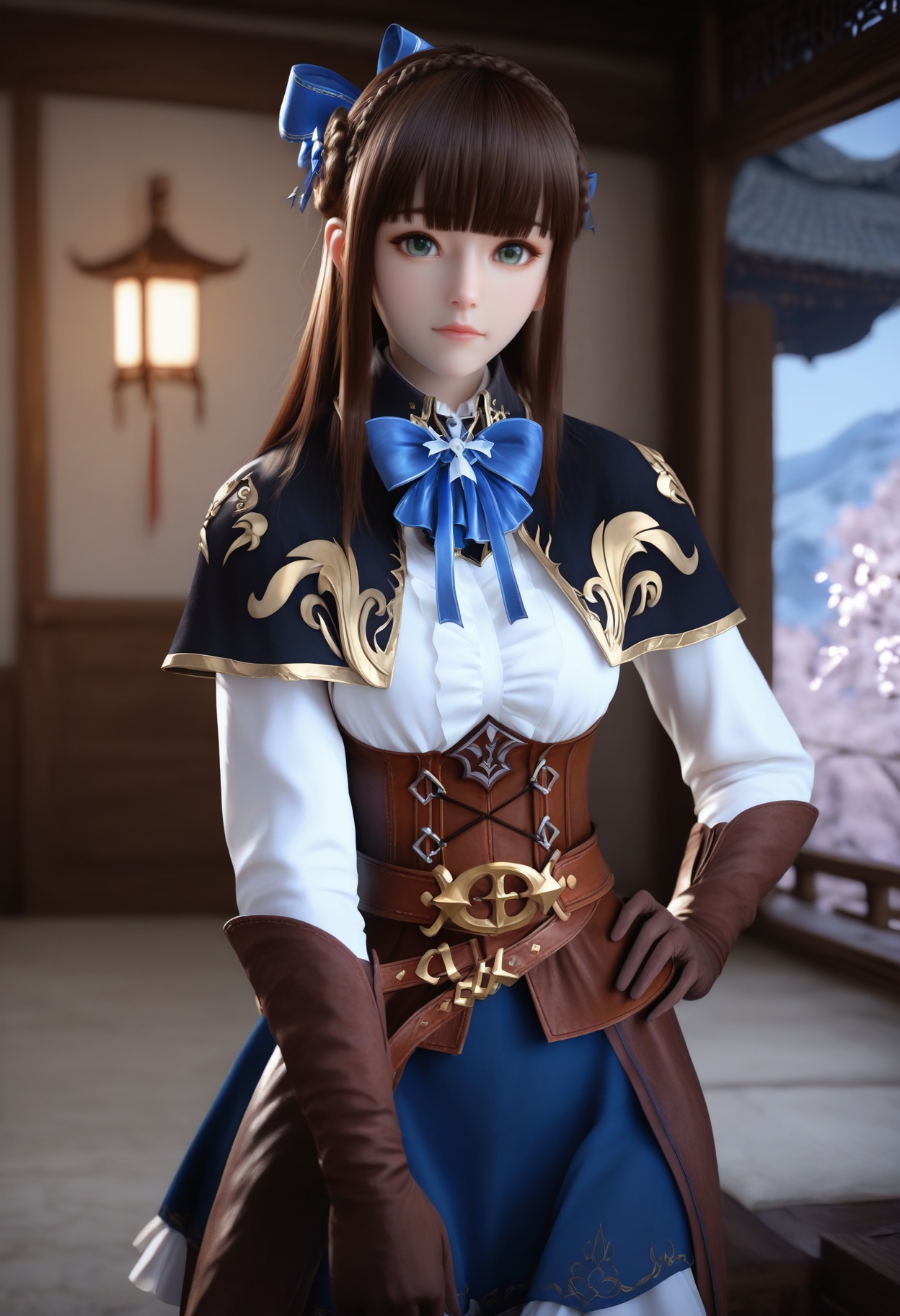 Rui_beika,1girl,blurry background,bangs,brown hair,blunt bangs,cowboy shot,braid,green eyes,crown braid,<lora:Rui_beika_10_illu-000004:0.75>,white shirt,brown elbow gloves,corset,blue bow,belt,blue ribbon,long sleeves,hair ribbon,hair bow,capelet,bowtie,thigh boots,brown footwear,blue skirt,cross-laced footwear,leather boots,photorealistic,hyperrealistic,<lora:realistic filter [IL]:1>,(pale skin:0.7),looking at viewer,standing,one hand on hip,lantern,open window,looking at viewer,indoors,mountains,blossoms,flowers,east asian architecture,beautiful sunrise,warm ambient temperature,