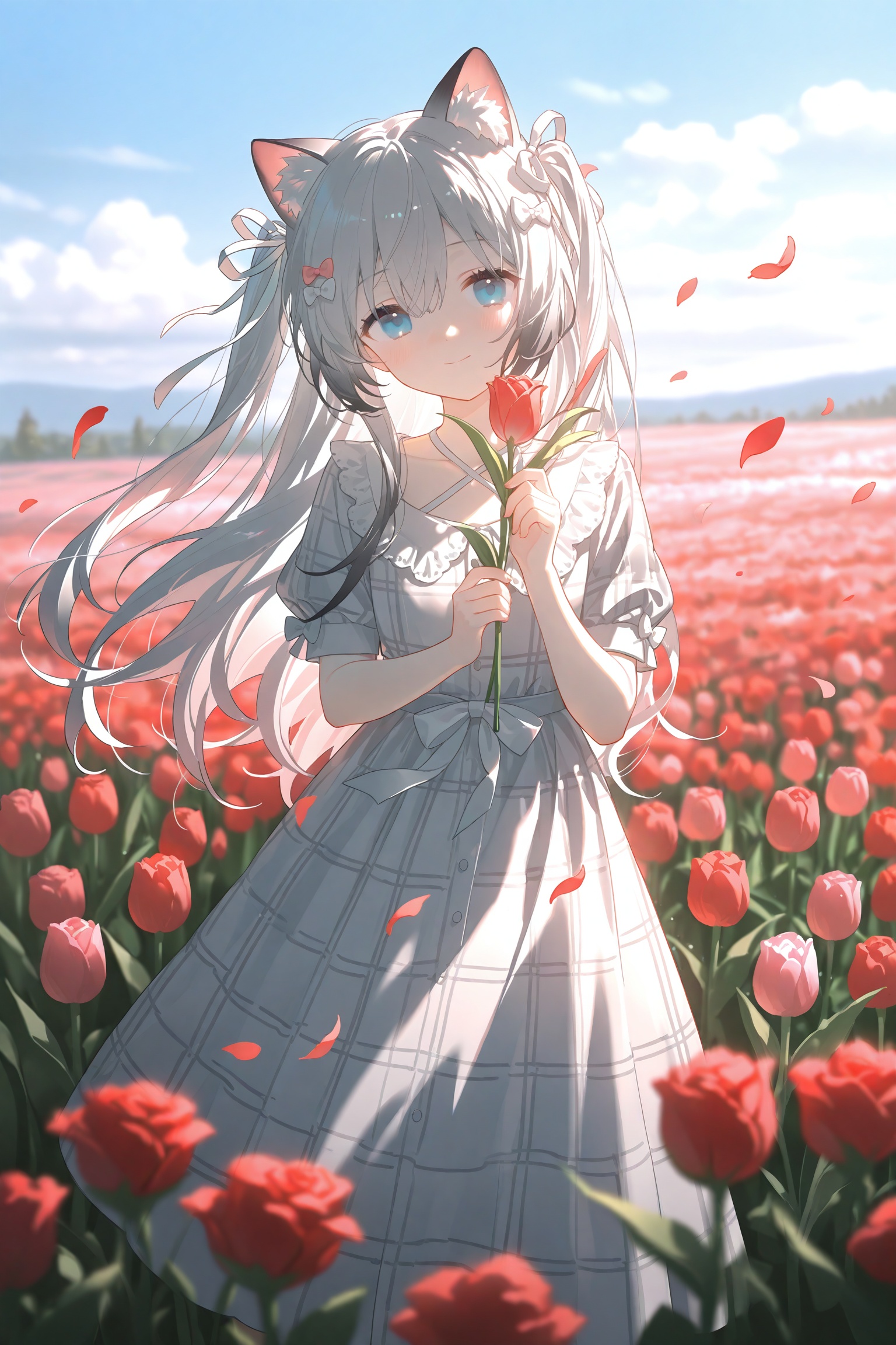 1girl,solo,animal ears,flower,short sleeves,puffy short sleeves,tulip,puffy sleeves,blue eyes,dress,outdoors,smile,plaid dress,holding flower,long hair,blush,sky,red flower,day,hair between eyes,grey hair,holding,plaid,closed mouth,petals,very long hair,cloud,blue sky,bow,depth of field,hand up,hair bow,blurry,grey dress,cat ears,two side up,hair ribbon,pink flower,white bow,field,ribbon,white ribbon,cloudy sky,flower field,blurry foreground,multicolored hair,looking at viewer,criss-cross halter,signature,halterneck,frills,blurry background,white dress,two-tone hair,standing,rose,animal ear fluff,white hair,collarbone,hugging object,cat girl,hands up,head tilt,heart,looking to the side,red rose,