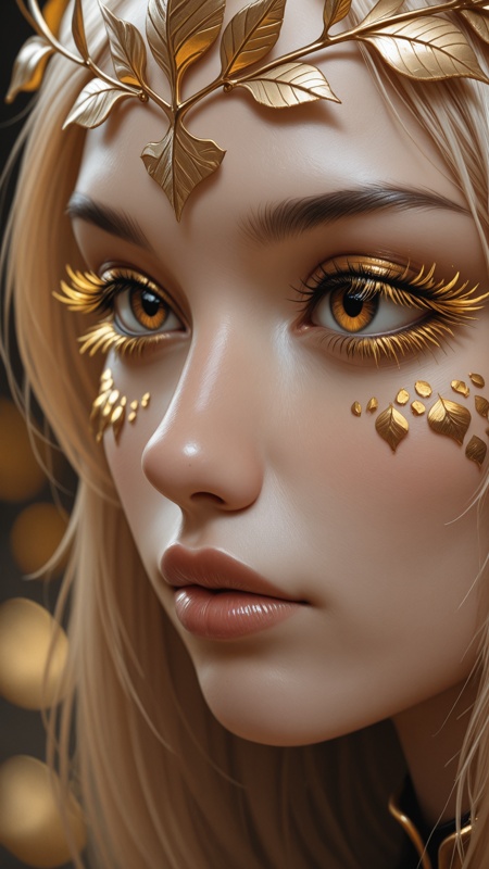 high_quality, highres, beautiful, detailed, (masterpiece, best quality:1.2), absurdres, 8k, HDR, Jedmix, Extreme close-up, tilted angle of a face painted with abstract brushstrokes, gold leaf lashes, high fashion makeup, blending into the blurry, dreamlike background,  <lora:EffectboosterIL:1>
