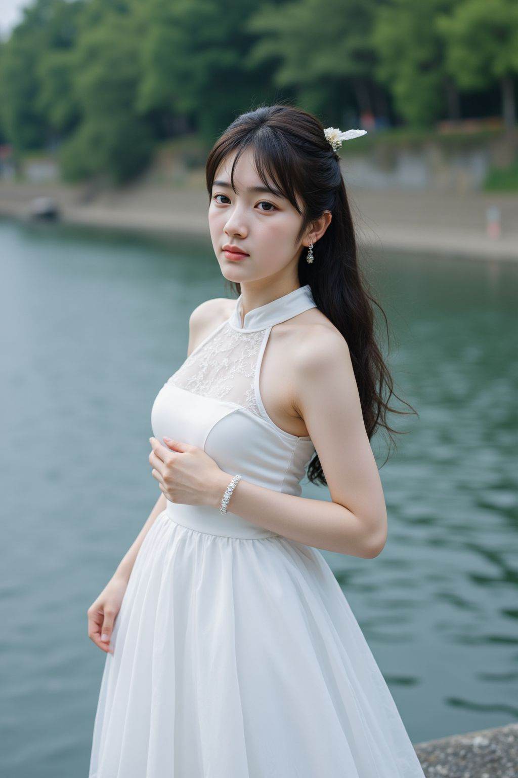 cinematic photo 1girl, teenage, jewelry, dress, long hair, hair ornament, earrings, solo, closed mouth, bracelet, black hair, brown eyes, collar, white dress, looking at viewer, upper body, chinese clothes, outdoors, river