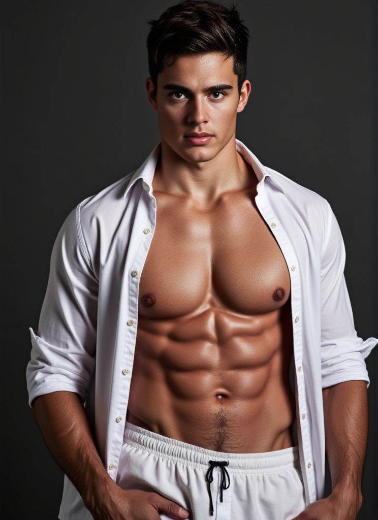 Pietro Boselli ,  Photorealistic . sheer white shirt half‑removed. intricate fabric textures. dramatic studio lighting. ul...