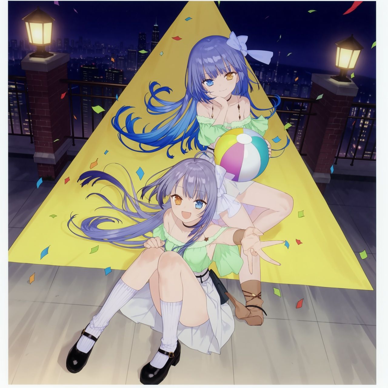 Two young girls with long blue hair and heterochromatic eyes (one yellow,  one blue) are dressed in matching green off-sho...