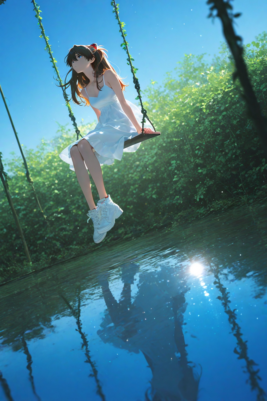 masterpiece,best quality,amazing quality,very aesthetic,absurdres,newest,in the style of fashion photography,light particles,cinematic lighting,Visual impact,sharp focus,Emotionalization,impactful picture,lens flare,depth of field,dynamic pose,dutch angle,extreme aesthetic,scenery,yoneyama mai:0.365, souryuu asuka langley,  1girl, solo, black hair, dress, sitting, outdoors, sky, day, water, blue sky, white footwear, plant, scenery, reflection, vines, swing