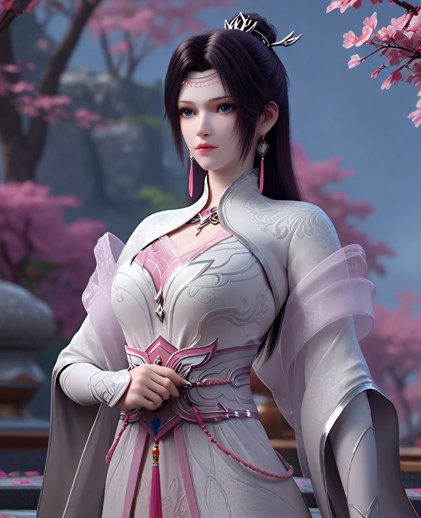 (oriental architecture, elegant decor, sophisticated style:1.1),(beckoning:1.1),looking at viewer,(breasts:1.2),<lora:XL16斗破苍穹花宗云韵:0.95>,miss yunyun,white dress,blue eyes,traditional chinese updo with long cascading hair,black hair,hair ornament,earrings,jewelry,bolero,pink sheer shawl,wide flowing sleeves,pink chiffon bra,sash,opera gloves sleeves,, score_9,score_8_up,score_7_up,score_6_up,score_5_up,score_4_up,3d rendering,tag1,tag2, Cinematic Lighting,backlighting,, zPDXL3, zPDXL2,zPDXL, zPDXLxxx, zPDXLrl,