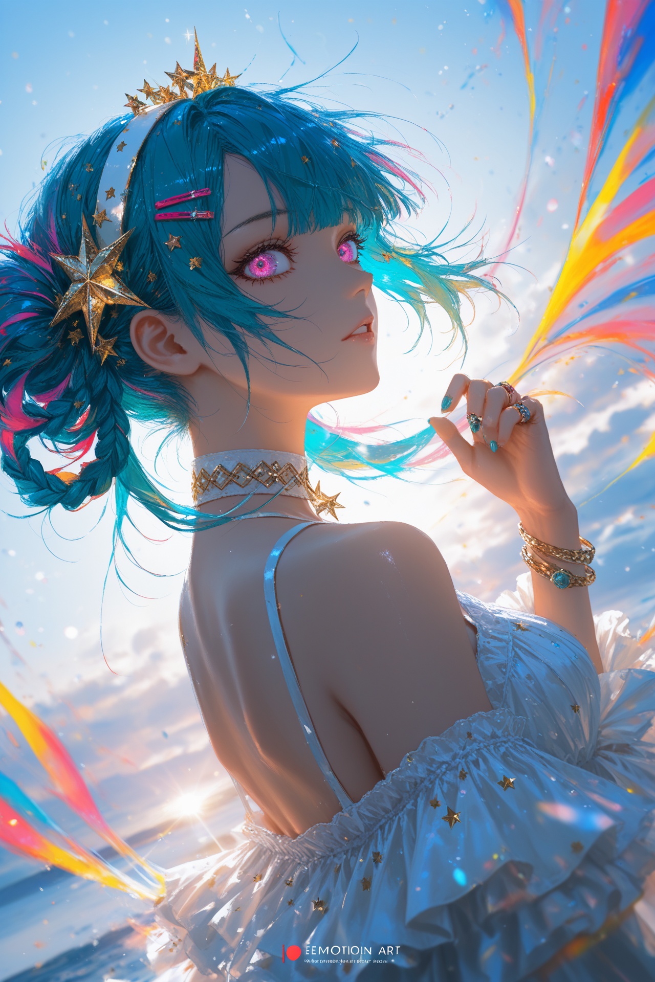 masterpiece,best quality,amazing quality,very aesthetic,absurdres,newest,highres,1girl,solo,long hair,looking at viewer,bangs,hair ornament,jewelry,purple eyes,braid,twintails,multicolored hair,choker,hairclip,pink eyes,off shoulder,star \(symbol\),nail polish,bracelet,aqua hair,ring,hair rings,star hair ornament,short hair,bangs,hair ornament,dress,bare shoulders,upper body,hairband,parted lips,looking back,hair bun,official alternate costume,backlighting,blue and white theme,depth of field,cinematic lighting,light particles,lens flare,(artist:quasarcake:0.8),extreme aesthetic,(wlop:0.6),masterpiece,best quality,good quality,newest,year 2024,year 2023,very aesthetic,absurdres,Visual impact,A shot with tension,ultra-high resolution,32K UHD,sharp focus,best-quality,masterpiece,Emotionalization,unconventional supreme masterpiece,masterful details,temperate atmosphere,with a high-end texture,in the style of fashion photography,(Visual impact:1.2),giving the poster a dynamic and visually striking appearance,impactful picture,offcial art,colorful,splash of color,movie perspective,
